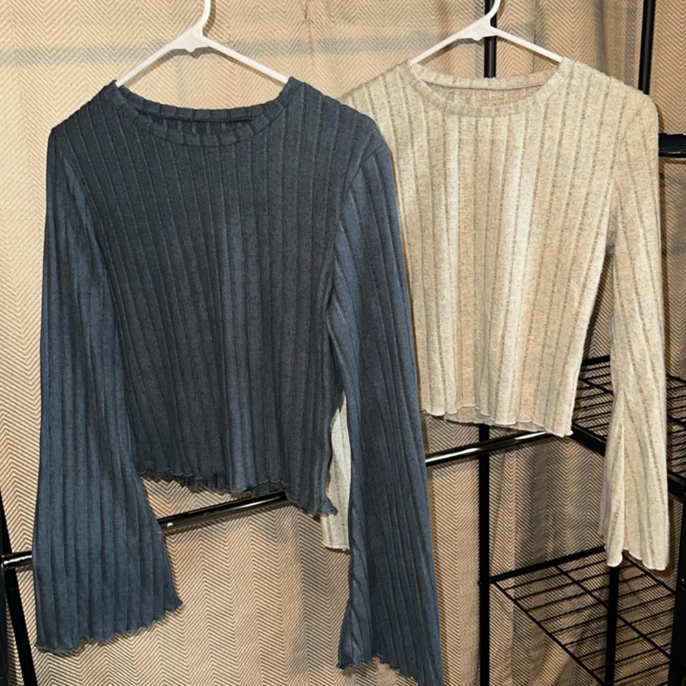 Two shein long wide sleeve tops soft fabric size medium blue and cream